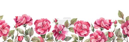 Photo for Horizontal, seamless border with rose flowers, rose buds on a white background. Vintage, floral, seamless background. Watercolor roses on a white background. - Royalty Free Image