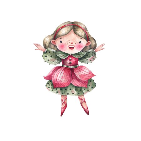 Flower fairy, little princess dressed as a rose watercolor illustration. Cute character - rose princess. Kids character on a white background.