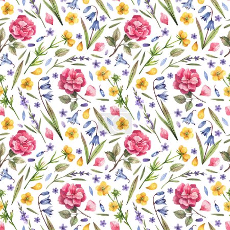 Photo for Wild flowers seamless pattern with hand-drawn floral illustrations. Bright rustic background. Floral illustration for wrapping paper, textile, decorations. - Royalty Free Image