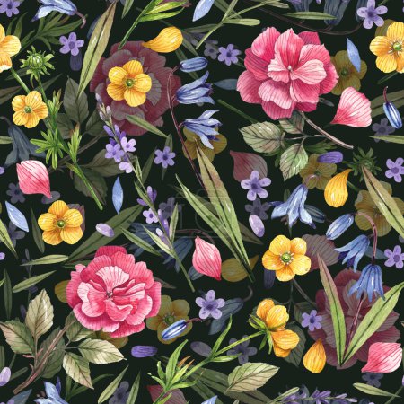 Photo for Watercolor floral seamless pattern with hand-drawn illustrations. Roses, buttercups, lavender, bluebells on a dark background. Floral illustration for wrapping paper, textile, decorations. - Royalty Free Image