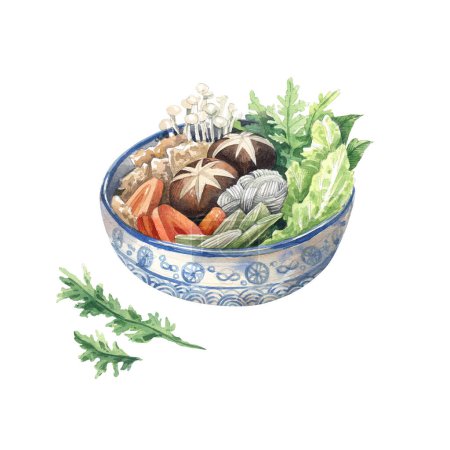 Téléchargez les photos : Traditional Asian soup watercolor illustration isolated on white background. Sukiyaki soup watercolor illustration. Asian cuisine, Japanese cuisine. - en image libre de droit