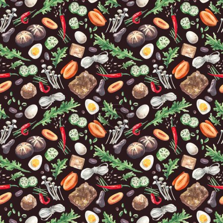 Photo for Watercolor hand draw seamless pattern with asian food illustrations. Bright, watercolor elements: carrots, mushrooms, herbs, tofu, mushrooms, meat, noodles, spices. Asia food background. - Royalty Free Image