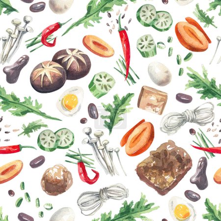Téléchargez les photos : Traditional Asian food seamless pattern on white background. Watercolor illustrations of mushrooms, herbs, noodles, tofu, vegetables seamless background. - en image libre de droit