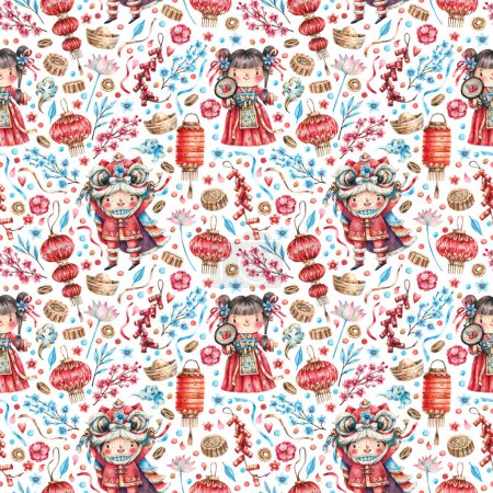 Cute Chinese characters in traditional costumes, lanterns, crackers, carps, gold coins, flowers seamless pattern. Traditional, Chinese New Year background.
