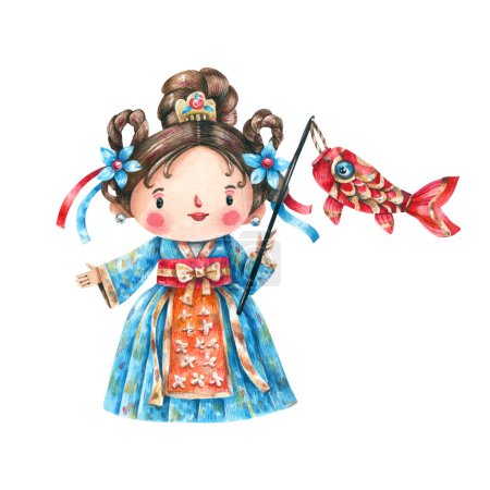 Photo for Cute girl in traditional Chinese costume holding a carp lantern in her hand watercolor illustration. Cartoon character Chinese girl. - Royalty Free Image