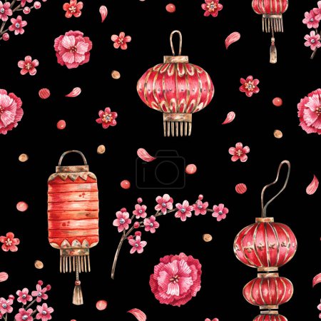 Foto de Red Chinese lanterns, sakura and peony flowers watercolor seamless pattern on black background. Seamless traditional background in Asian style. - Imagen libre de derechos