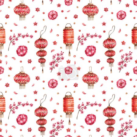 Watercolor, seamless pattern with red Chinese lanterns, sakura flowers and golden coins. Asian, festive background with traditional elements. Watercolor illustration.