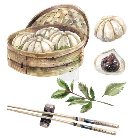 Asian cuisine, steamed dumplings, soy sauce, basil, chopsticks watercolor illustration isolated on white background. Isolated on white background illustration of Chinese dumplings.