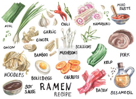 Photo for Bright watercolor illustration of Japanese traditional cuisine, ramen, ingredients and description. Ramen recipe illustration in sketch style. For menus, cafes, restaurants. - Royalty Free Image