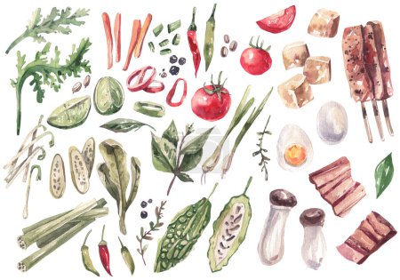 Foto de Collection of watercolor illustrations of traditional Asian cuisine ingredients. Greens, vegetables, spices, tofu, meat hand-drawn in watercolor. - Imagen libre de derechos
