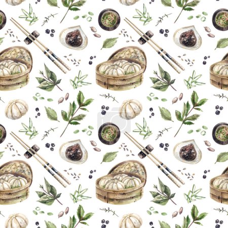 Téléchargez les photos : Traditional Asian steam dumplings seamless pattern in sketch style. Dumplings, chopsticks, basil, soy sauce seamless pattern. Watercolor illustration texture. - en image libre de droit