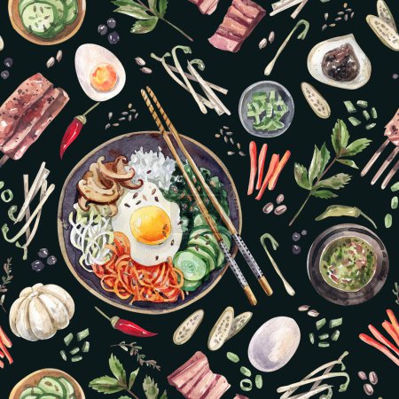 Photo for Bright, seamless pattern with traditional Korean food, bibimbap, steamed dumplings, vegetables and spices on a black background. Sketch style watercolor illustration asian food background. - Royalty Free Image
