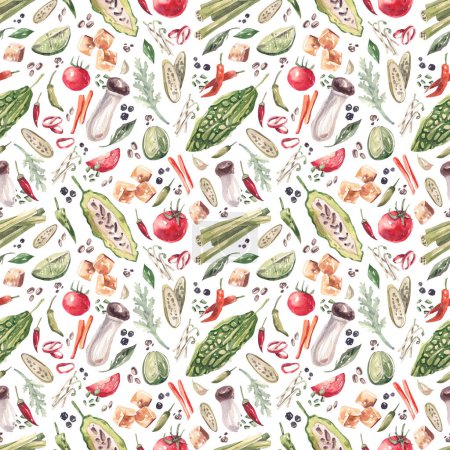 Téléchargez les photos : Bright, seamless pattern with ingredients of traditional Asian cuisine, vegetables, tofu, spices in a sketch style on a white background. Watercolor illustration Japanese, Korean cuisine. - en image libre de droit
