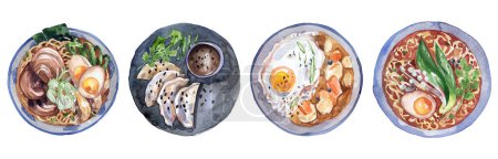 Sammlung traditioneller asiatischer Speisen. Japanisches Curry, Dampfknödel, Ramen vom Schwein, scharfe Nudeln. Aquarell-Illustration isoliert auf weißem Hintergrund für Speisekarte, Street Food, asiatisches Essen.