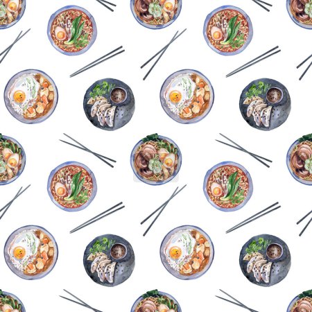 Photo for Dishes of traditional Asian cuisine seamless pattern on white background. Japanese curry, ramen, steamed dumplings, spice noodles, chopsticks background. Texture for menu design, fabrics, wallpapers. - Royalty Free Image