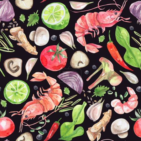 Téléchargez les photos : Traditional Thai cuisine ingredients seamless pattern on black background. Watercolor illustration of shrimp, chili pepper, onion, garlic, vegetables background. - en image libre de droit