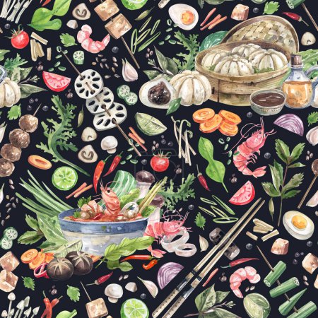 Téléchargez les photos : Bright, seamless pattern. with traditional asian food and products on a black background. Watercolor illustration of Thai dishes and ingredients background. Tom yum, steam dumplings, barbecue, seafood. - en image libre de droit