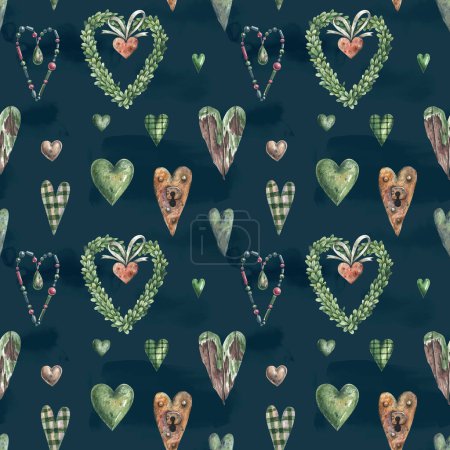 Téléchargez les photos : Romantic seamless pattern with vintage hearts in different shapes and sizes on dark background.  Watercolor illustration with hearts. Vintage pattern - en image libre de droit