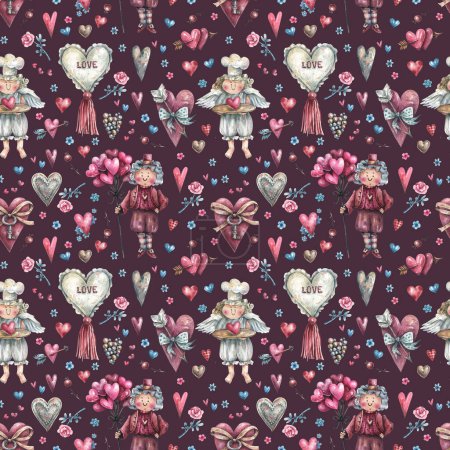Téléchargez les photos : Romantic, seamless pattern in vintage style with cute character cupids, hearts, flowers and confetti watercolor illustrations. Background to valentine's day, romantic events. - en image libre de droit