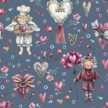 Vintage, romantisches Muster mit Kupfersteinen, Engeln, Blumen, Herzen und Perlen auf grauem Hintergrund. Stilvoller, nahtloser Hintergrund für Valentinstag, romantische Veranstaltungen.
