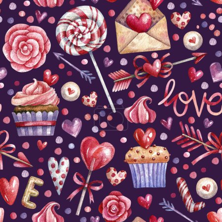 Foto de Romantic seamless pattern with sweets, hearts and love texts on a dark background. Pink, purple pattern with watercolor illustrations. Background for valentine's day, romantic events. - Imagen libre de derechos