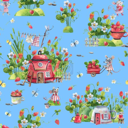 Téléchargez les photos : Cartoon, watercolor, seamless pattern with strawberry plants, strawberry flowers and berries, fairy houses, mice picking strawberries. Cartoon style, illustration of strawberries and mice, spring, light background. - en image libre de droit