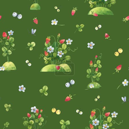 Photo for Strawberries, flowers, butterflies on green background watercolor seamless pattern. Cute, cartoon background with berries and flowers. Background for kids textile, wallpaper, fabric - Royalty Free Image