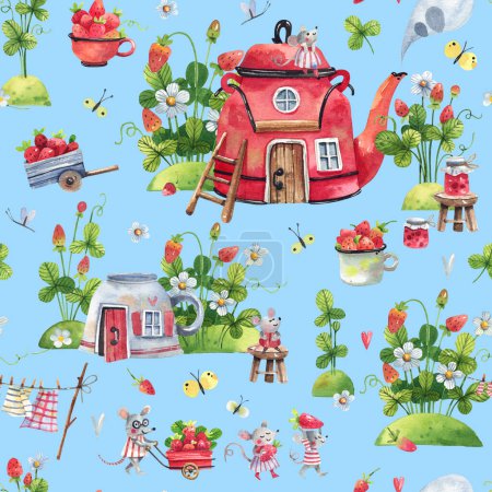 Foto de Kids; cartoon seamless pattern with strawberries; flowers; teapot house on a blue background. Cute background with fabulous garden landscape. Watercolor illustration. - Imagen libre de derechos