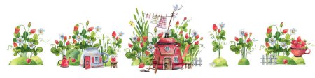 Collection of watercolor illustrations of strawberries, flowers, garden, fairy houses in cartoon style. Kettle house, cup house, lawn with berries set.Kids style illustration.