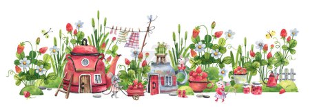 Cartoon background with cute forest houses, strawberry bushes, flowers and mice picking strawberries. Horizontal watercolor illustration for decorating kids rooms, shop windows, fabrics, etc.