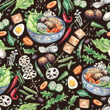 Foto de Bright, watercolor seamless pattern with traditional Asian food in handdraw style. Japanese sukiyaki soup, tofu, lotus roots, mushrooms, noodles watercolor illustration backgr - Imagen libre de derechos