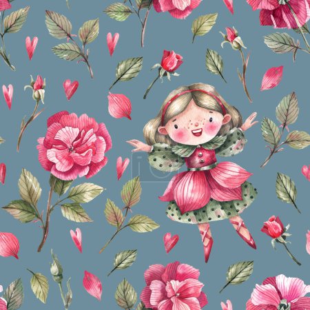 Foto de Cute flower fairies, rose flowers watercolor seamless pattern on blue background. Rose princess cartoon background for textiles, fabrics, wallpapers. - Imagen libre de derechos