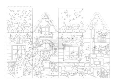 Photo for Mockup of a Christmas house with a Christmas tree, gifts, garlands, a snowman. Print, glue and color Christmas house layout. Coloring page christmas house illustration. - Royalty Free Image