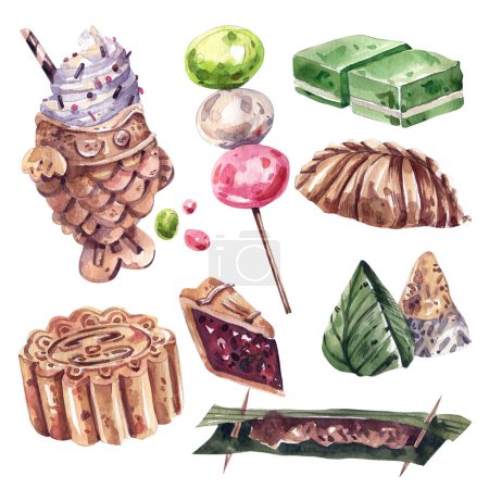 Téléchargez les photos : Watercolor illustrations of Asian sweets, Japanese and Thai desserts collection. Taiyaki, mochi, jelly, moon cake, sticky rice. Isolated on white background - en image libre de droit