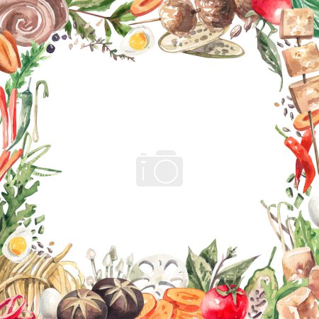 Photo for Square watercolor frame with ingredients for traditional asian cuisine. Meat, tofu, mushrooms, peppers, spices, and other foods watercolor illustration in sketch style. - Royalty Free Image
