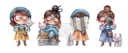 Photo for Collection of cute cartoon characters, girl and cat, girl traveller, watercolor illustration isolated on white background. Kids stile, endearing heroes. - Royalty Free Image