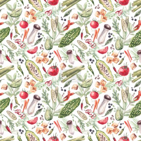 Téléchargez les photos : Bright, seamless pattern with ingredients of traditional Asian cuisine, vegetables, tofu, spices in a sketch style on a white background. Watercolor illustration Japanese, Korean cuisine. - en image libre de droit