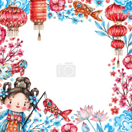 Photo for Square frame with Chinese red lanterns, flowers, gold coins, carps and a girl in traditional costume. Chinese New Year festive background. Watercolor illustration. - Royalty Free Image