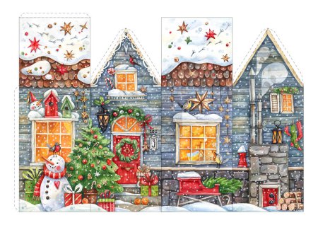 Foto de Mockup of a Christmas house with a Christmas tree, gifts, garlands, a snowman. Print and glue the New Year's house scheme. Watercolor christmas house illustration. - Imagen libre de derechos
