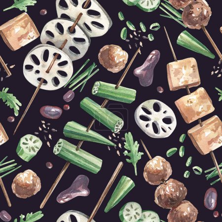 Foto de Traditional Thai street food seamless pattern in watercolor hand drawn style. Vegetable and meat barbecue watercolor illustration background. - Imagen libre de derechos