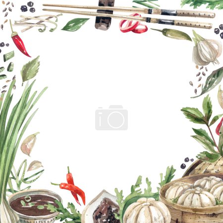 Foto de Steam dumplings, chopsticks, herbs and spices square watercolor frame. Traditional Asian cuisine background for menus of cafes, restaurants. Steam dumplings watercolor illustration. - Imagen libre de derechos