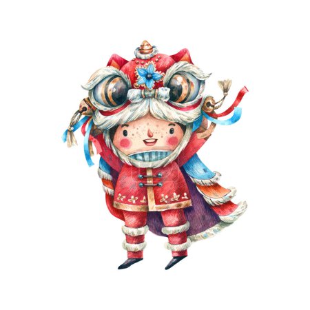 Cute boy in traditional Chinese dragon costume watercolor illustration. Cartoon character chinese boy dancer. Chinese New Year
