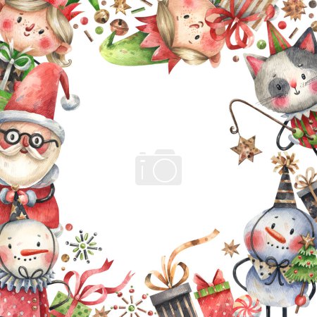 Photo for Square frame, background with cartoon Christmas characters, confetti and gifts.Elves, Santa Claus, Cat and rabbit, snowman cartoon watercolor illustration. - Royalty Free Image