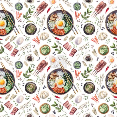 Téléchargez les photos : Bright, seamless pattern with traditional Asian dishes and products in a watercolor sketch style. Korean cuisine, bibimbap, barbecue, seamless pattern on white background. - en image libre de droit
