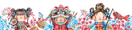 Téléchargez les photos : Endless horizontal border with traditional Chinese New Year decorations, cartoon style characters. Children in traditional Asian costumes, dragon, flowers, gold coins, carps watercolor - en image libre de droit