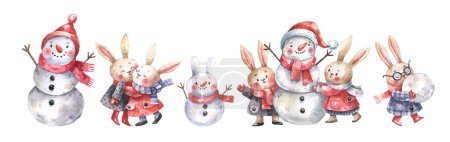 Téléchargez les photos : Cute, funny characters in winter hats and coats watercolor illustration in cartoon style. Snowmen and bunnies in winter clothes play and dance. Watercolor illustration isolated on white background. - en image libre de droit