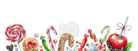 Téléchargez les photos : Traditional Christmas sweets watercolor illustration. Gingerbread cookies, gingerbread, candies, lollipops hand-drawn in watercolor in cartoon style. Background, postcard, template illustration. - en image libre de droit