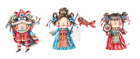 Téléchargez les photos : Traditional Chinese characters watercolor illustration in cartoon style. Boy and girls in Chinese traditional costumes, dragon, dresses, carp lantern. Chinese New Year characters. - en image libre de droit