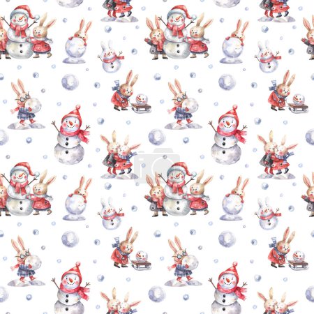 Foto de New Year, Christmas seamless pattern with cute rabbits, snowmen, snowballs and winter fun in cartoon style. Christmas background for wrapping paper, textiles, decor. - Imagen libre de derechos