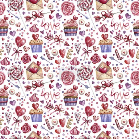 Photo for Romantic seamless pattern with sweets, hearts and love texts on a white background. Pink, purple pattern with watercolor illustrations. Background for valentine's day, romantic events. - Royalty Free Image